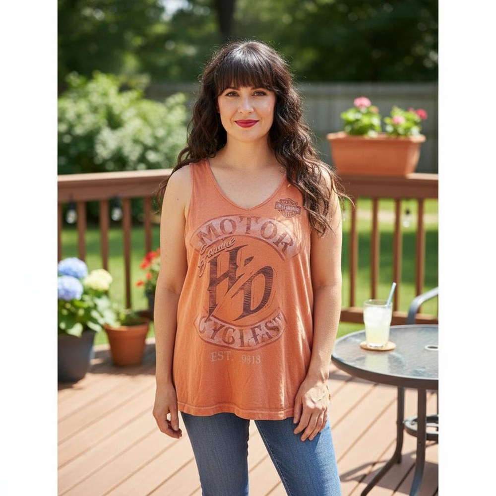 Women's Harley-Davidson Orange Brown Graphic V-Neck Tank Top m - Picture 2 of 3